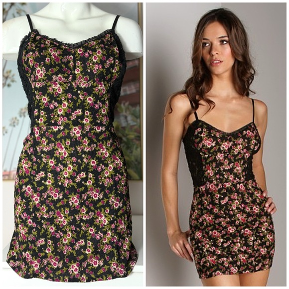 Free People Other - Free People Intimately Black Floral Lace Mini Dress Chemise Slip Size Large Y2K